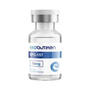 En flaska märkt 'exobutiken BPC-157 10mg' mot en transparent bakgrund, använd för neurogenesis och minnesförbättring.