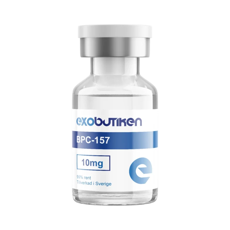En flaska märkt 'exobutiken BPC-157 10mg' mot en transparent bakgrund, använd för neurogenesis och minnesförbättring.