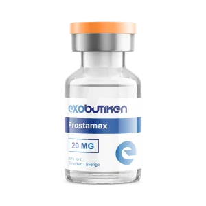 Flaska med Prostamax 20 MG från Exobutiken, högkvalitativa peptider tillverkade i Sverige för immunförsvar och HGH.