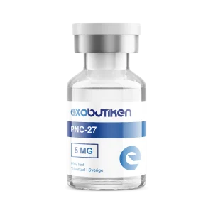 Flaska med peptider exobutiken PNC-27, 5 mg, tillverkad i Sverige, hög kvalitet för immunförsvar.