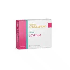 En ask med Lovegra 100mg, ett kosttillskott designat för att öka sexuell stimulans och njutning hos kvinnor.