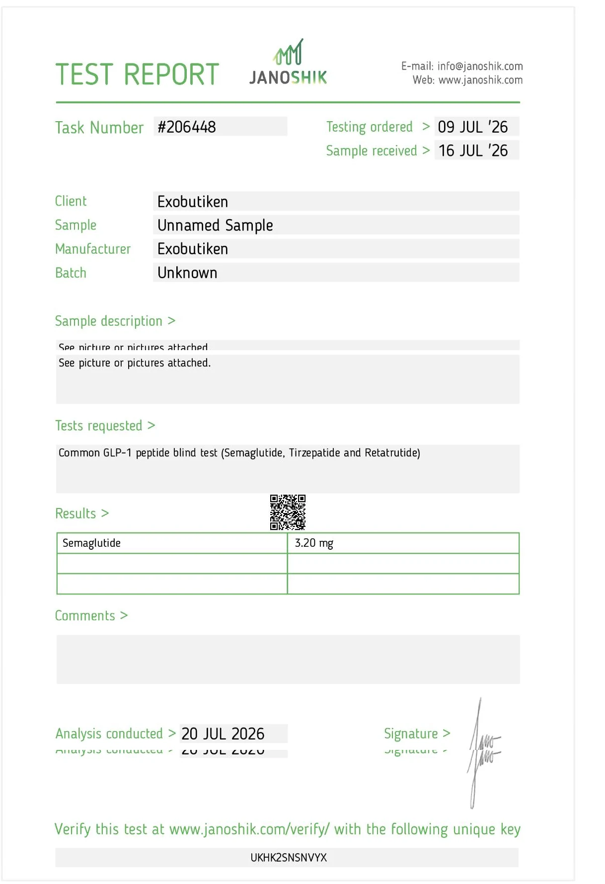 Semaglutid 3,20mg - Janoshik analys