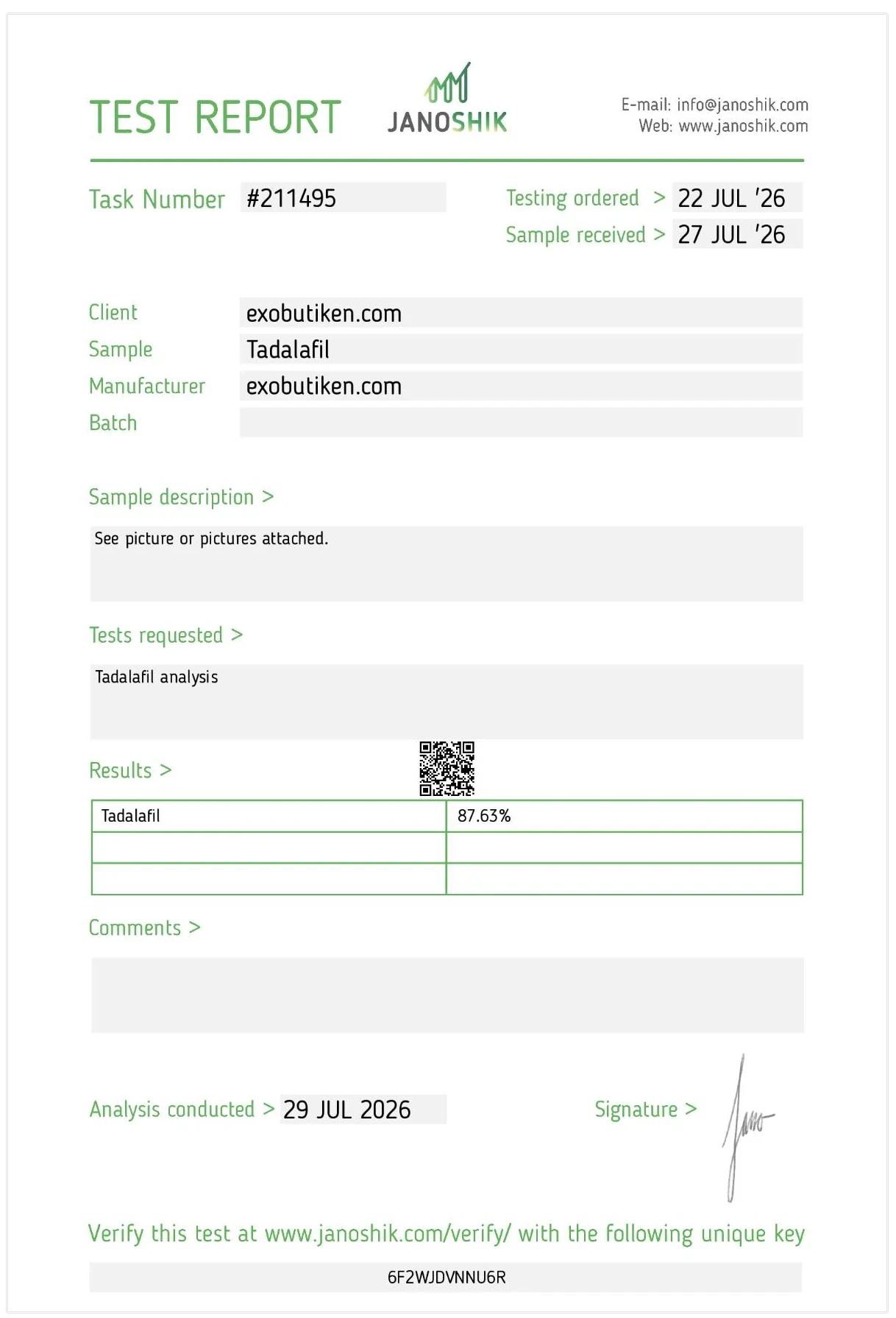 Tadalafil 87,63% - Janoshik analys